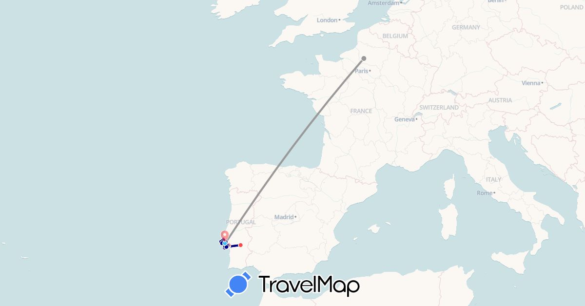 TravelMap itinerary: driving, plane, hiking, boat in France, Portugal (Europe)